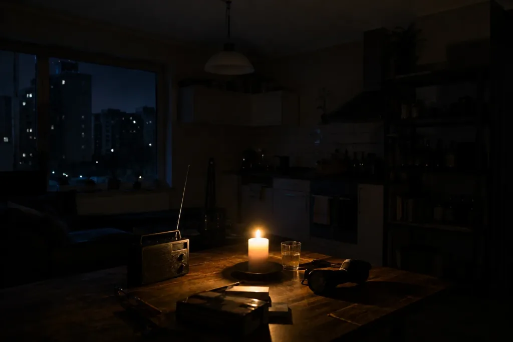 Dunkle Küche während eines Stromausfalls, nur eine Kerze, Kurbelradio und Taschenlampe auf dem Tisch